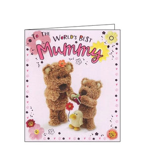 A little Barley the Brown Bear presents a birthday gift to its Mum on the front of this adorable birthday card for a wonderful mummy. Metallic pink text on the front of the card reads "To the world's best Mummy".