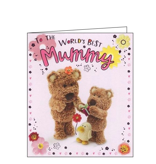 A little Barley the Brown Bear presents a birthday gift to its Mum on the front of this adorable birthday card for a wonderful mummy. Metallic pink text on the front of the card reads 