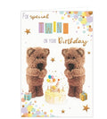 This lovely birthday card for twins is decorated with a pair of identical brown bears looking at a birthday cake. The text on the front of the card reads "For special twins on your Birthday".