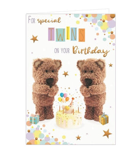 This lovely birthday card for twins is decorated with a pair of identical brown bears looking at a birthday cake. The text on the front of the card reads "For special twins on your Birthday".