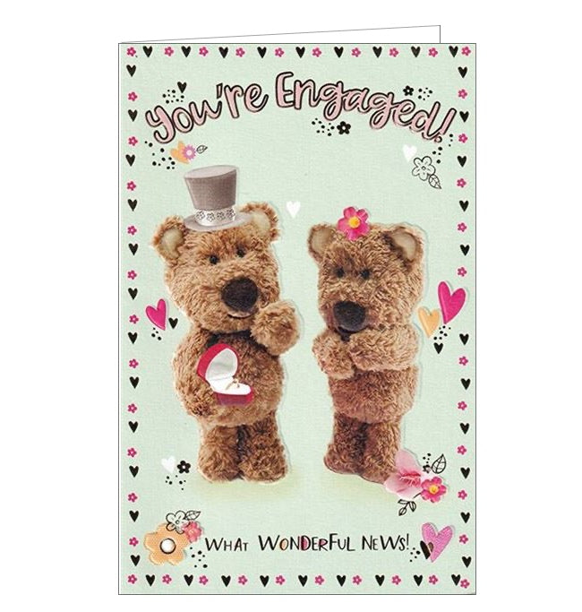 This cute engagement card is decorated with Barley the Brown Bear, dressed on a top hat, holding out a heart-shaped ring box to his fiancee. The text on the front of the card reads "You're Engaged...what wonderful news".