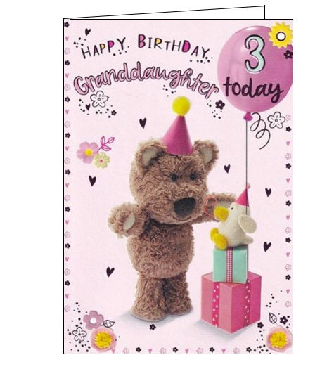 Barley the Brown Bear and a duck friend wear party hats on the front of this 3rd birthday card. Shiny text on the front of the card reads 