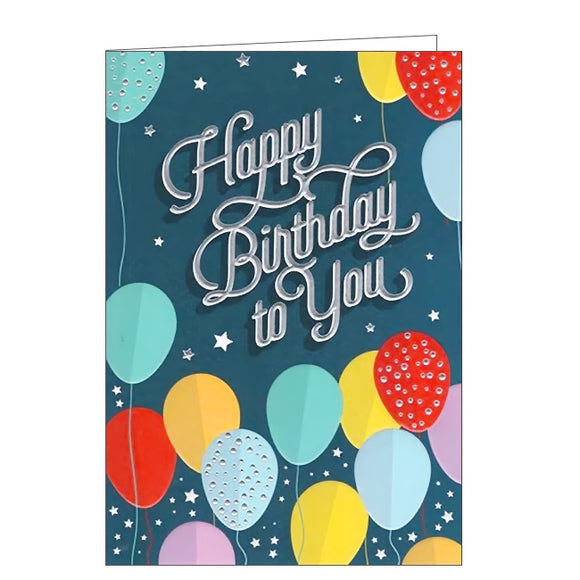 This lovely birthday card is decorated with blue, red, yellow and silver birthday balloons. Metallic silver text on the front of the card reads 