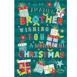 Bright and colourful text gives a modern look to this Christmas card for a special brother. The text on the front of this card reads "To an amazing Brother, wishing you a wonderful Christmas".