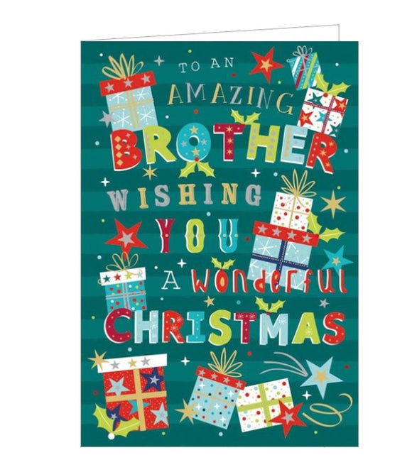 Bright and colourful text gives a modern look to this Christmas card for a special brother. The text on the front of this card reads 
