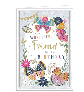This lovely birthday card for a special friend is decorated with brightly coloured pink, blue and gold butterflies fluttering around flowers. The text on the front of the card reads "For a wonderful Friend on your Birthday".