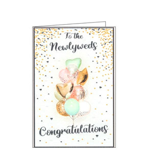 This lovely wedding congratulations card is decorated with a bunch of balloons in shades of pink, gold and duck egg blue. Metallic silver text on the front of this wedding card reads "To the Newlyweds...Congratulations".