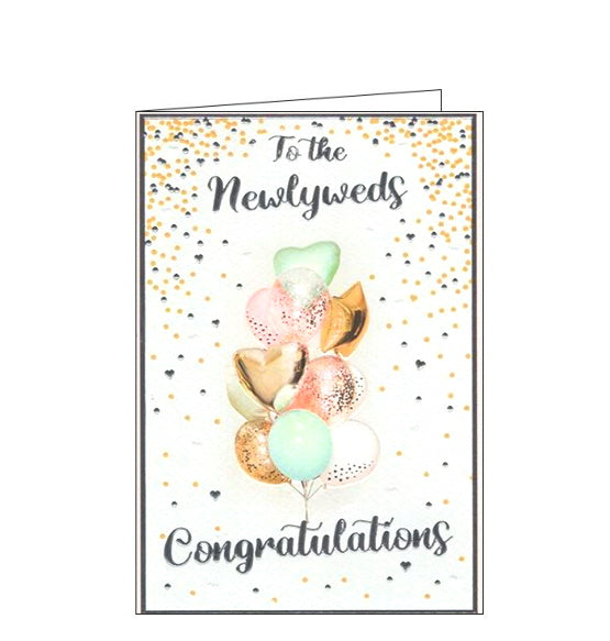 This lovely wedding congratulations card is decorated with a bunch of balloons in shades of pink, gold and duck egg blue. Metallic silver text on the front of this wedding card reads 