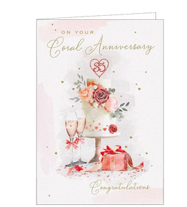 This lovely coral wedding anniversary card is decorated with an arrangement of an anniversary cake - topped with a glittery "35", and adorned with fresh flowers, sitting beside two glasses of champagne. Metallic copper text on the front of the 35th anniversary card reads "On your Coral Anniversary...Congratulations".