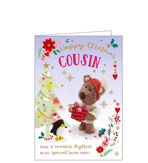 This adorable christmas card for a special cousin is decorated with Barley bear, dressed in bobble hat and jumper, holding a christmas gift. The caption on the front of the card reads 