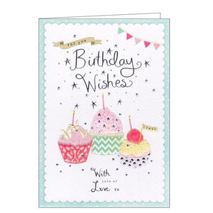 This lovely birthday card is decorated with trio of pink and yellow iced cupcakes, each topped with a birthday candle. The text on the front of the card reads "For you...Birthday Wishes with lots of love x."