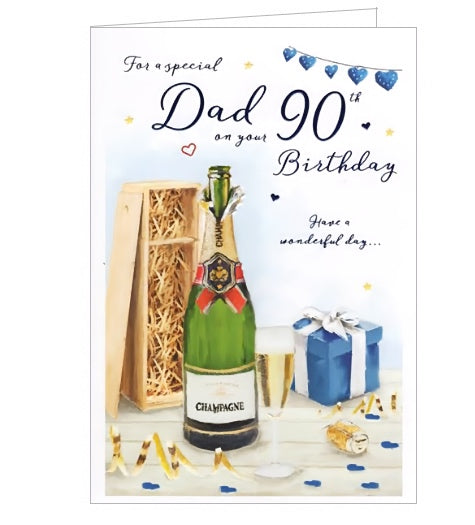 This 90th birthday card for a very special dad features a detailed illustration of a bottle of champagne. Metallic blue text on the front of the card reads 