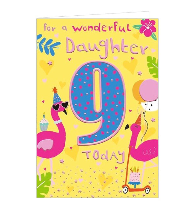 This birthday card for a special daughter on her 9th birthday is decorated with two pink flamingo birds - wearing party hats and sunglasses - ready to party! The text on the front of the card reads 