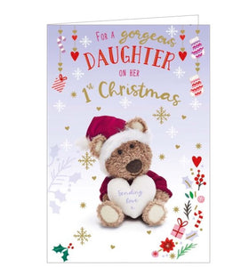 This adorable christmas card to commemorate a special daughter's very first christmas is decorated with Barley bear, dressed in santa hat and coat, holding a white heart that reads "Sending Love x". The caption on the front of the card reads "For a gorgeous Daughter on her 1st Christmas".