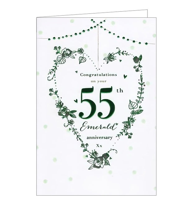  This emerald wedding anniversary card is decorated with a metallic green heart-shaped wreath. The text on the front of this anniversary card reads 