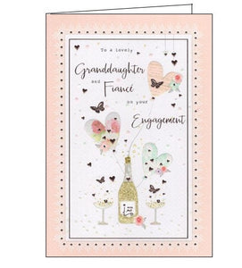 The text on the front of this card reads "To a lovely Granddaughter and Fiance on your Engagement". The front of the card is decorated with metallic butterflies, balloons and champagne!