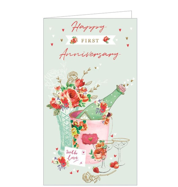 This 1st anniversary card is decorated with an illustration of a bottle of champagne chilling in a bucket and draped in roses. The text on the front of the card reads 