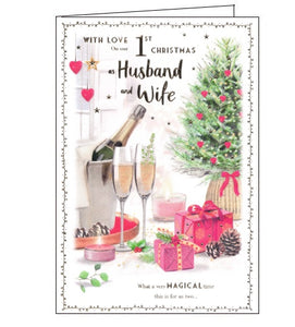 The text on the front of this christmas card reads "with Love on our 1st Christmas as Husband and Wife...what a very magical time this is for us two...."