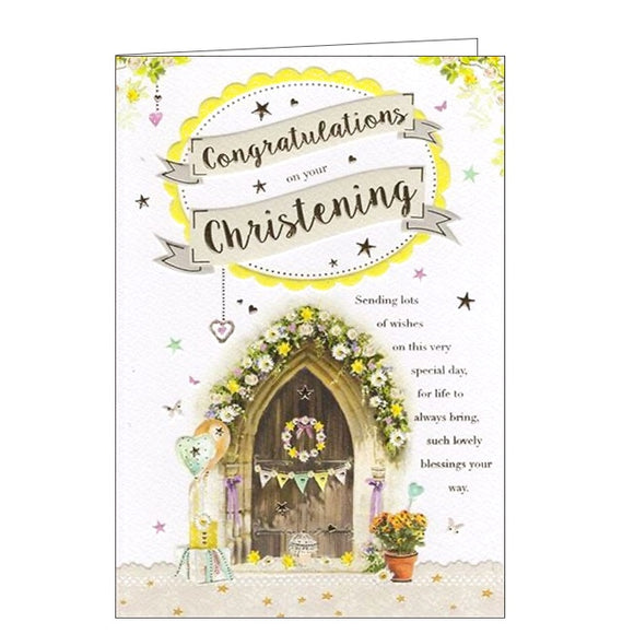 With yellow and pastel colours, this gender neutral christening card is perfect for a boy or girl on their special day.