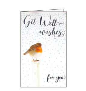 A robin perches on a post in front of a glittery background of snow on this Christmas card. Silver text on the front of the card reads "Get Well wishes for you".