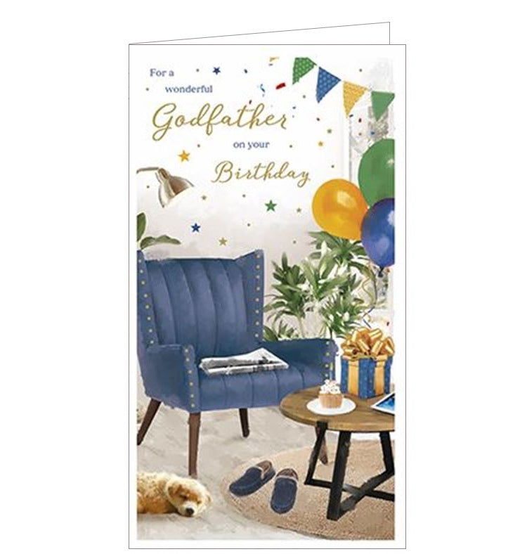 This birthday card for a special godfather is decorated with a stack of beautifully wrapped birthday presents. Black and silver text on the card reads "for my wonderful Godfather with love on your Birthday".