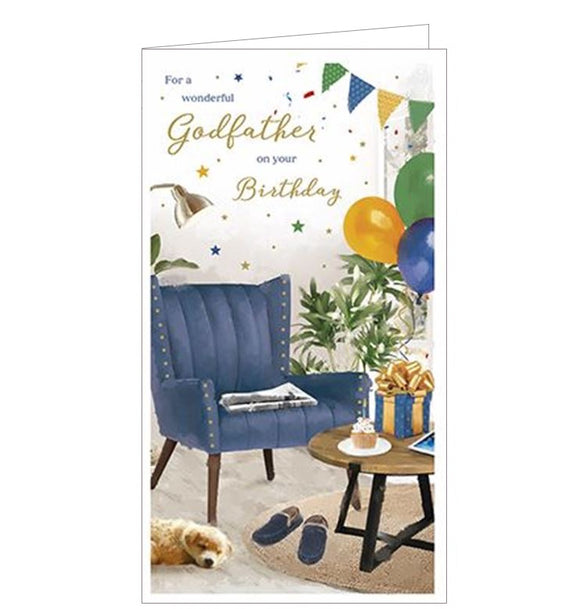 This birthday card for a special godfather is decorated with a stack of beautifully wrapped birthday presents. Black and silver text on the card reads 