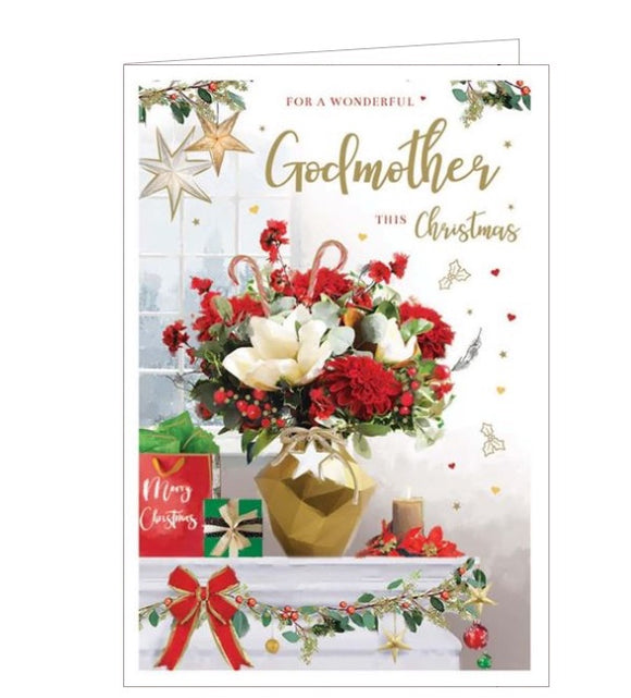 This Christmas card for a special god mother is decorated with a beautiful bouquet of red and white flowers in a golden vase. Gold and red text on the front of the card reads 