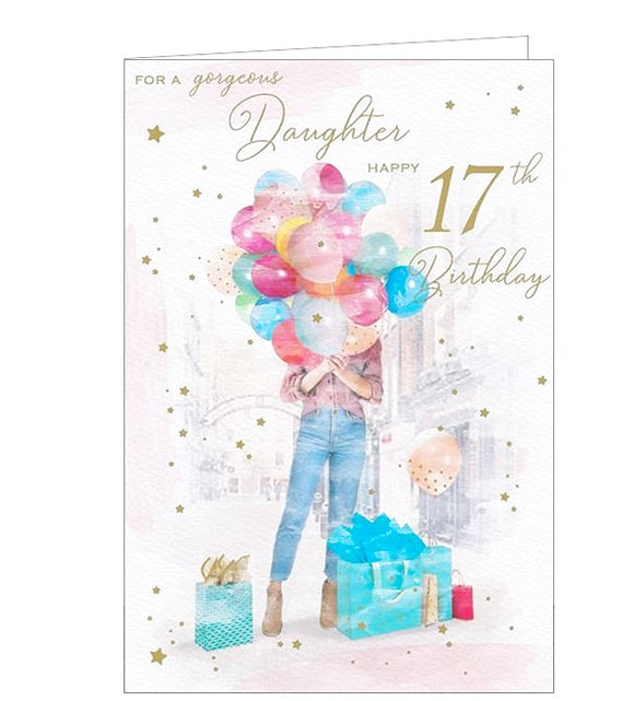 This beautiful 17th Birthday card for a special and stylish daughter is decorated with an illustration of a young woman, dressed in jeans and a shirt, holding a giant bunch of balloons in front of her. Gold text on the front of this card reads 