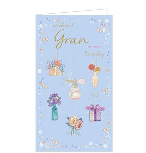  birthday card for a special gran is decorated with vases of flowers, beautifully wrapped birthday gifts and a border of butterflies. The text on the front of the card reads "To a Wonderful Gran on your Birthday".