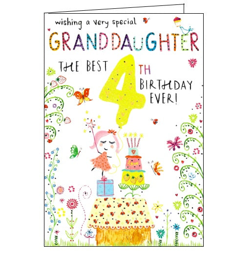 This bold and bright 4th Birthday card sparkles with glitter and silver foil. The text on the front of the card reads 