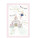This just married card is decorated with a cute pink, glittery church, with flowers at the windows and around the church door. Gold text on the front of the card reads "To a wonderful Granddaughter and her Husband on your Wedding Day".