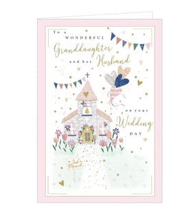 This just married card is decorated with a cute pink, glittery church, with flowers at the windows and around the church door. Gold text on the front of the card reads "To a wonderful Granddaughter and her Husband on your Wedding Day".