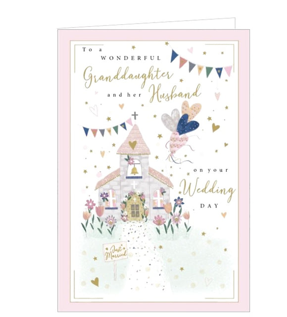 This just married card is decorated with a cute pink, glittery church, with flowers at the windows and around the church door. Gold text on the front of the card reads 
