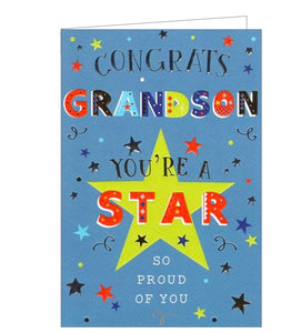 This congratulations card for a special grandson is perfect for celebrating exam success, graduations, passing a driving test and more. Multicoloured text on the front of the card reads "Congrats Grandson...you're a star...so proud of you".