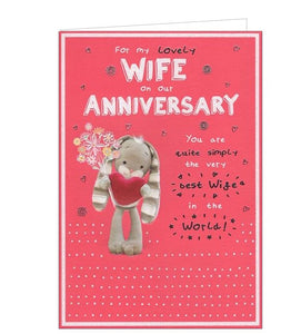 From the Hun Bun greetings card range, this cute anniversary card for a special wife is decorated with a long-eared grey bunny holding a bouquet of flowers and a plush red heart. Silver and white text on the front of the card reads  "For my lovely Wife on our anniversary, You are quite simply the very best wife in the world”