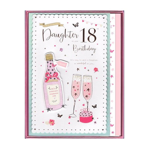 This keepsake 18th birthday card for a special daughter comes with a pink tissue paper lining in a pink box so it can be kept and treasured forever. The text on the front of this card reads 