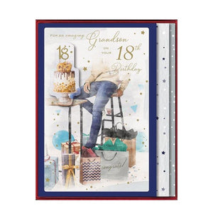 This keepsake 18th birthday card for a special grandson comes with a blue tissue paper lining in a blue box so it can be kept and treasured forever. The text on the front of this card reads "For an amazing Grandson on your 18th Birthday".