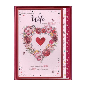 This keepsake birthday card for a special wife comes with a red tissue paper lining in a white box so it can be kept and treasured forever. The text on the front of this card reads "For my wonderful Wife on your Birthday...Today, tomorrow and forever, I'm so happy that we're together..."