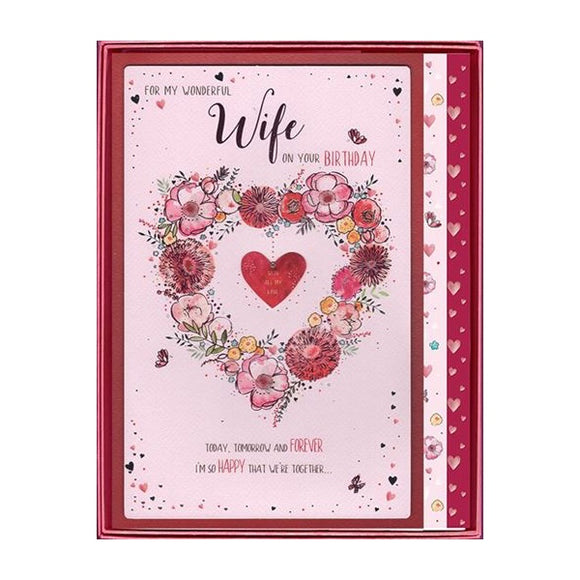 This keepsake birthday card for a special wife comes with a red tissue paper lining in a white box so it can be kept and treasured forever. The text on the front of this card reads 