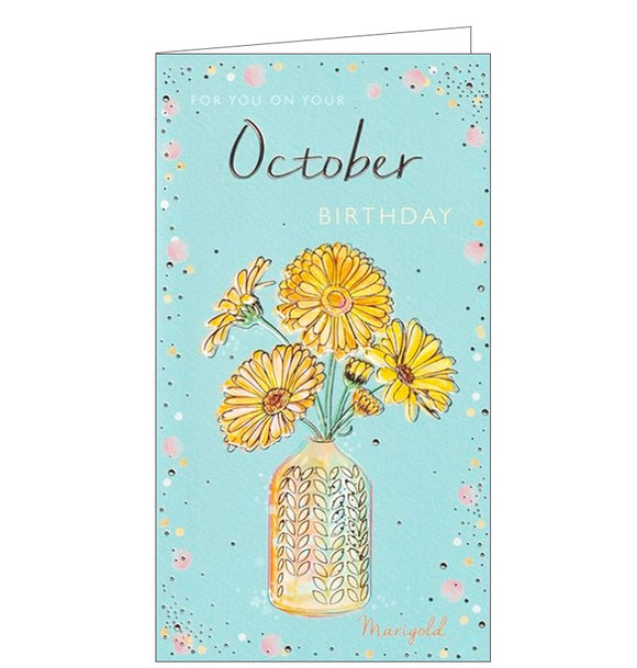These beautiful Birthday cards are decorated with delicate illustrations of October's birth flower - the marigold, and inside feature a page of facts on how to grow and care for marigold plants as well as details on October's birth stone, Opal.