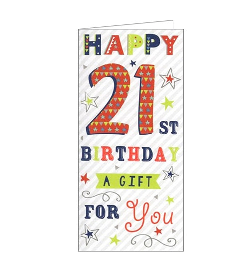 This red, blue and green toned money wallet is perfect for sending a cash, cheque or voucher to someone on their 21st birthday.