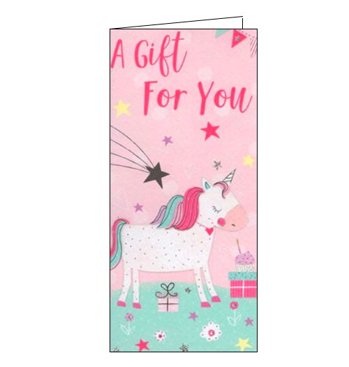 This money wallet is perfect for sending a cash, cheque or voucher in the post. The card is decorated with a unicorn with a pink and pastel coloured mane. Pink text on the front of the money wallet reads 