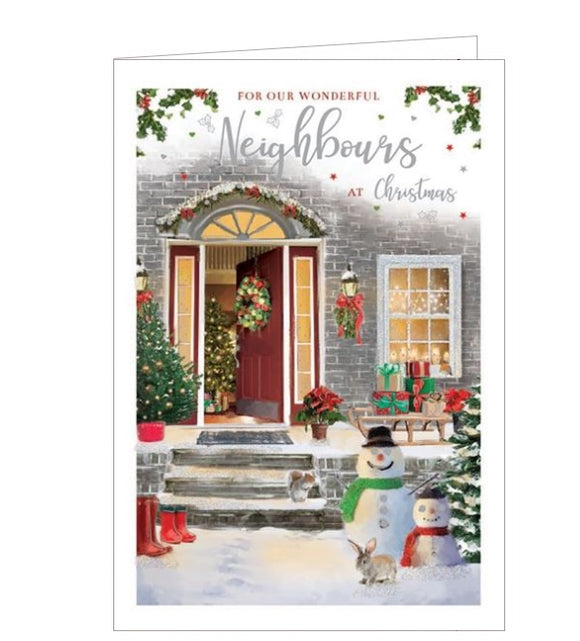 This lovely Christmas card for special neighbours is decorated with a house, covered in snow , with the front door open, ready to welcome friends. The text on the front of the card reads 