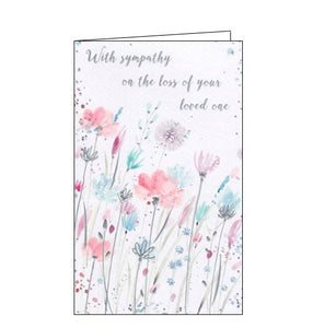 A beautiful, simple sympathy card to show the recipient that you are thinking of them at a difficult time. Delicate pink, purple and blue wildflowers spring up from the bottom corner of this card to reach silver text that reads "With sympathy on the loss of your loved one".