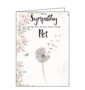 A beautiful, simple sympathy card to show the recipient that you are thinking of them at a difficult time. Silver text on the front of the card reads "With sympathy on the loss of your much loved pet".