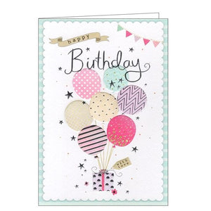 This lovely birthday card is decorated with a bunch of pink, peach and golden balloons tied to a beautifully wrapped birthday gift. The text on the front of the card reads "Happy Birthday...with love".