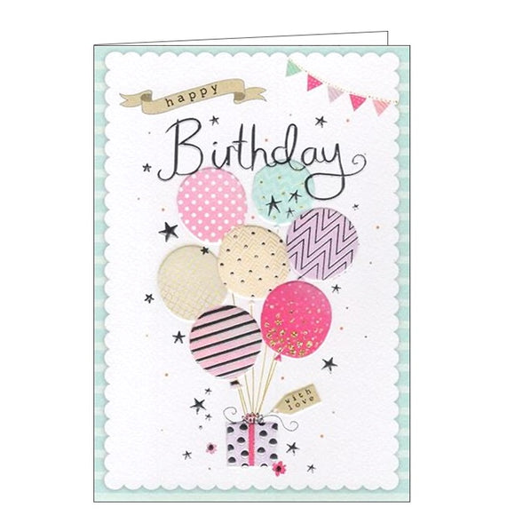 This lovely birthday card is decorated with a bunch of pink, peach and golden balloons tied to a beautifully wrapped birthday gift. The text on the front of the card reads 