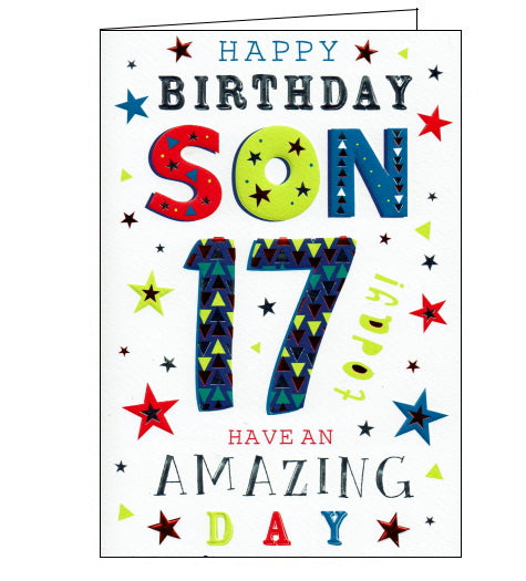 This 17th birthday card is for a special son w is decorated with brightly coloured jazzy text that reads 