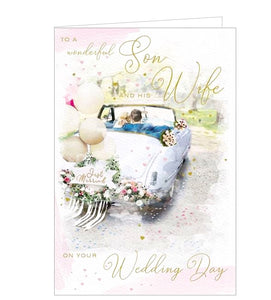 This lovely wedding card is decorated with an illustration of a bride and groom driving away in a white convertible car - adorned with flowers, steamers and balloons. Silver text on the front of the card reads "To a wonderful Son and his Wife on your Wedding Day."