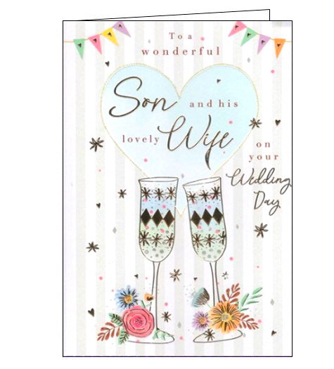 This stylish wedding card for a son and daughter in law is decorated with two glittery champagne flutes, adorned with flowers. Pink and gold text on the front of the card reads 